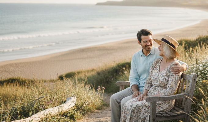 Couple sitting on chair at the beach